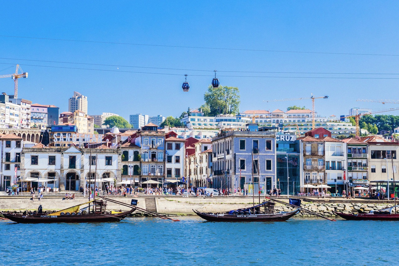 Rabelo boats on the Douro waterfront at Vila Nova de Gaia in front of the port wine lodges